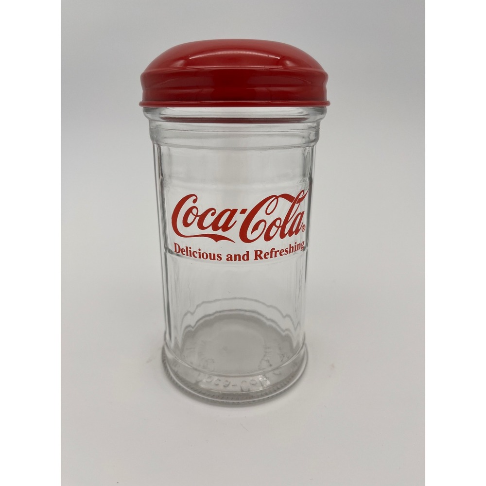 Coca-Cola Sugar Shaker Red Metal Flip Top Lid Clear Ribbed Soda Advertising